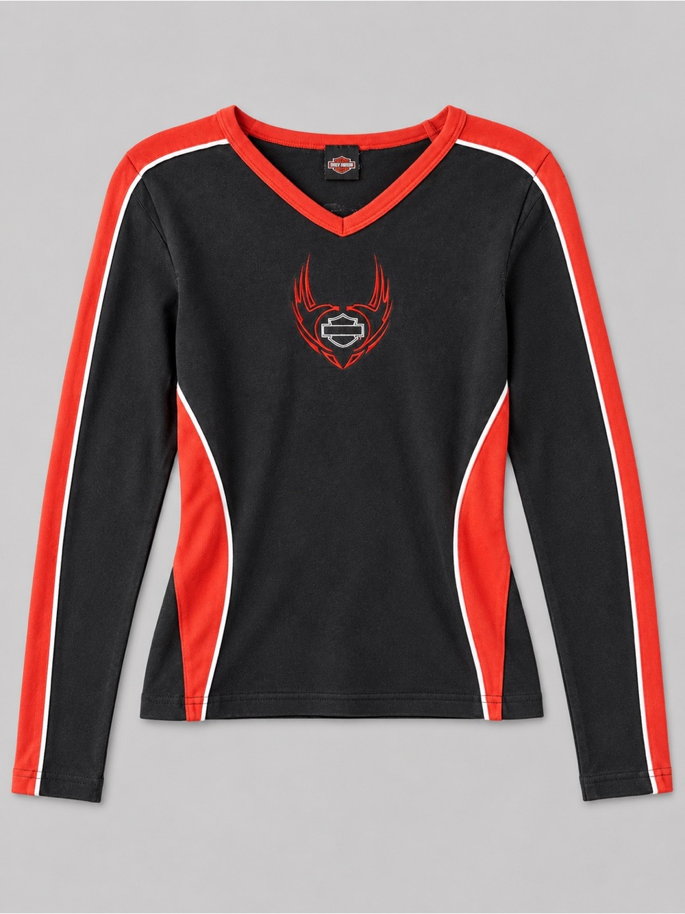 Harley-Davidson Y2K Black Red Moto Racing V-Neck Long Sleeve Top